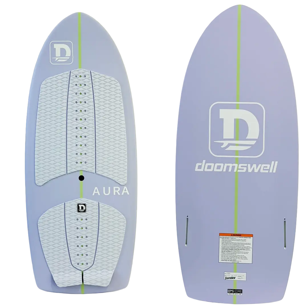Front view of the 2026 Doomswell AURA Lilac performance wakesurf board.