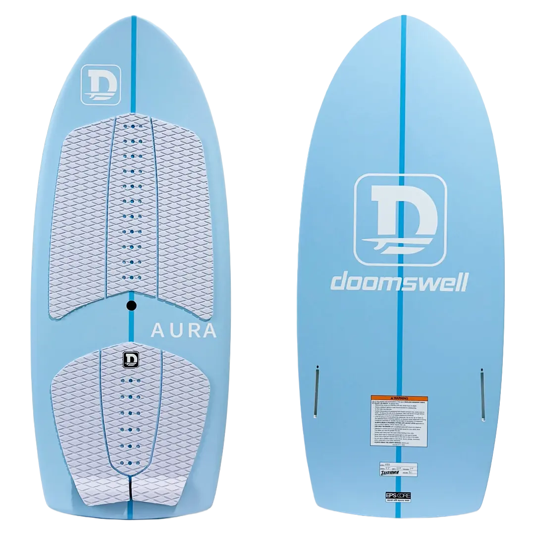 Front view of the 2026 Doomswell AURA Sky Blue performance wakesurf board.