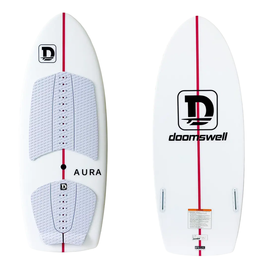 Front view of the 2026 Doomswell AURA wakesurf board designed for speed, lift, and progressive riding.