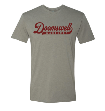 Stone and Maroon Doomswell Script Logo Tee