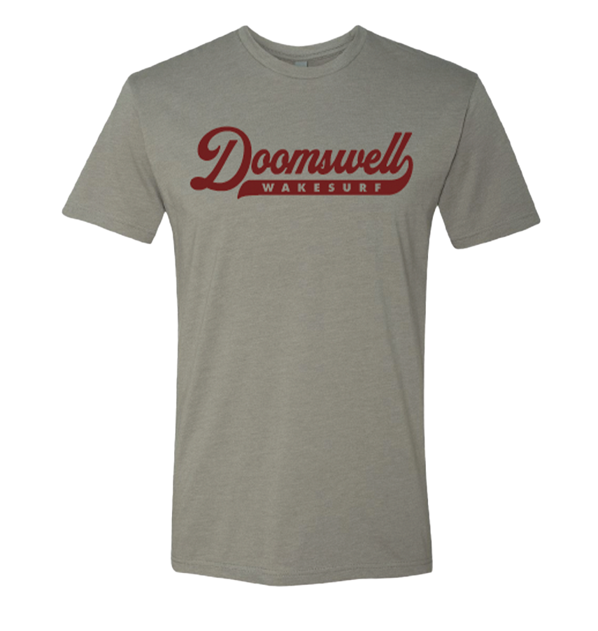 Stone and Maroon Doomswell Script Logo Tee